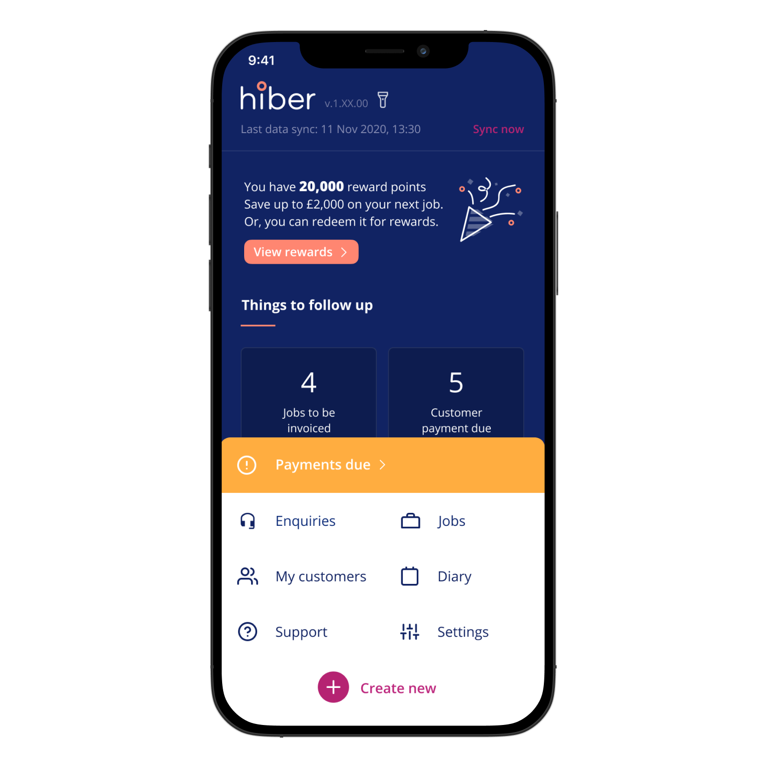 Hiber UK app main interface displaying work order management, parts ordering system, customer scheduling, and automated accounting features